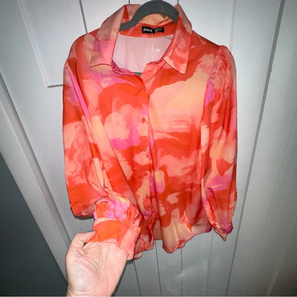 Women's Orange and Pink Holiday Vacation Flower Print Shirt - M - NWT - Picture 2 of 7